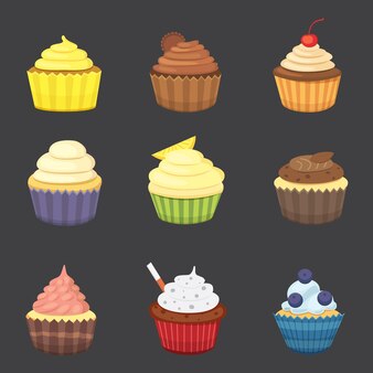 Ensemble de cupcakes et muffins vectoriels mignons cupcake coloré isolé pour la conception d'affiches alimentaires