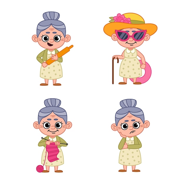Vecteur gratuit ensemble de dame âgée de dessin animé mignon tenant un rouleau à pâtisserie, tricotant, portant des lunettes de soleil, allant à la plage