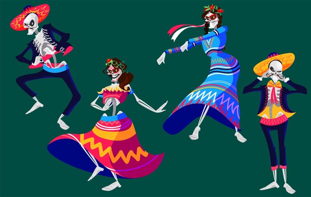 Ensemble de danse de personnages de squelettes du jour mexicain des morts