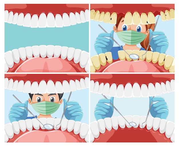 Vecteur gratuit ensemble de dentiste tenant des instruments examinant les dents du patient à l'intérieur