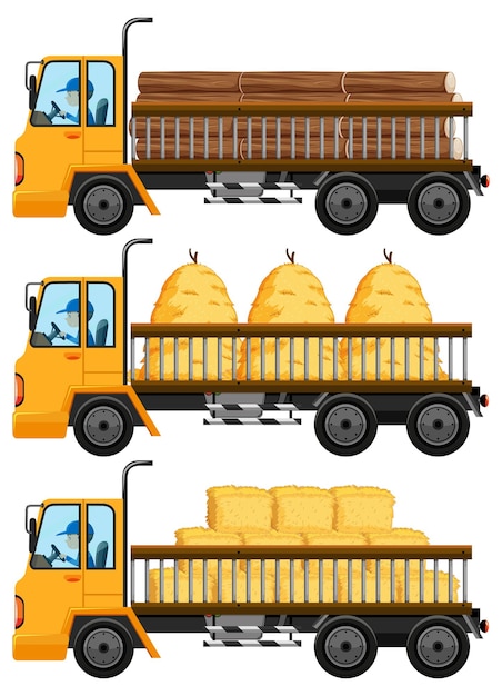 Vecteur gratuit ensemble de dépanneuse transportant du foin et des bois isolés