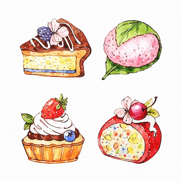 Vecteur gratuit ensemble de dessert japonais aquarelle