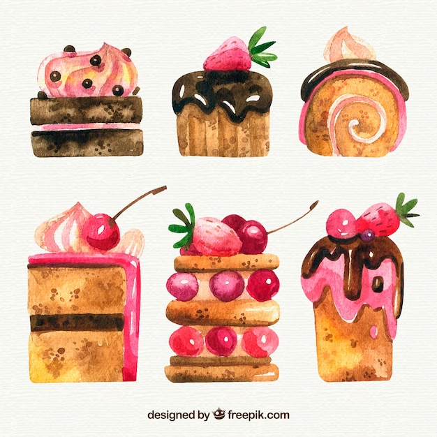 Vecteur gratuit ensemble de desserts aquarelle délicieux