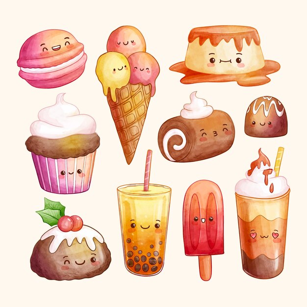 Ensemble de desserts kawaii aquarelle