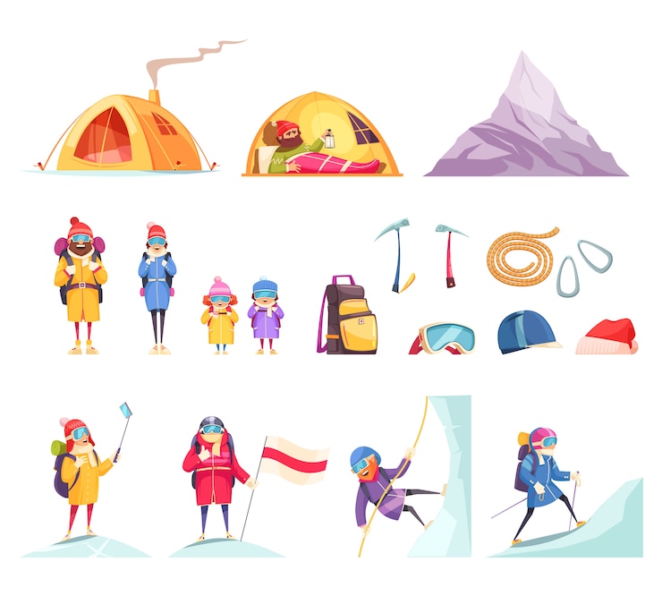 Vecteur gratuit ensemble de dessin animé d'alpinisme avec équipement d'escalade équipement de vêtements casque casque piolets corde montagne