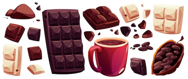 Vecteur gratuit ensemble de dessin animé de boisson au cacao au chocolat