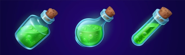 Vecteur gratuit ensemble de dessin animé de bouteilles avec des potions magiques vertes