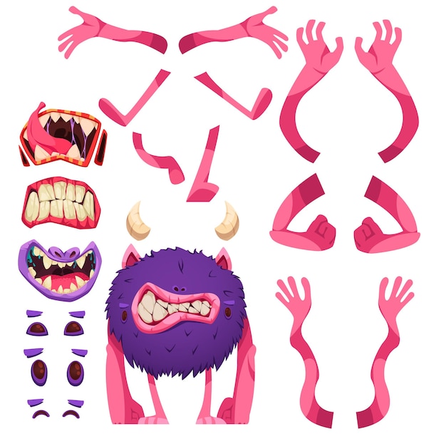 Vecteur gratuit ensemble de dessin animé de constructeur de monstre de bouche dents tête jambes et mains éléments isolés pour enfants jeu illustration vectorielle plane