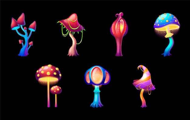 Vecteur gratuit ensemble de dessin animé de divers champignons magiques rougeoyants sur illustration vectorielle fond noir isolé