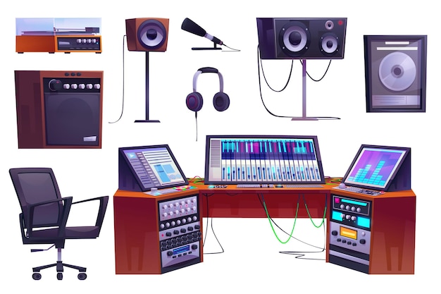 Vecteur gratuit ensemble de dessin animé d'équipement de studio d'enregistrement sonore isolé sur fond blanc illustration vectorielle de mélangeur de musique professionnel avec boutons et fils écouteurs haut-parleur microphone tourne-disque