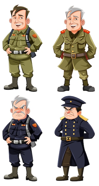 Vecteur gratuit ensemble de dessin animé d'officier de l'armée