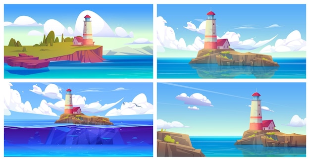 Vecteur gratuit ensemble de dessin animé de paysage marin avec phare sur l'île
