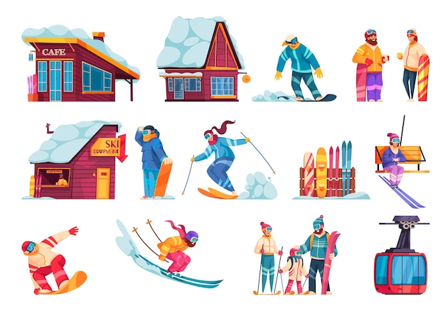 Vecteur gratuit ensemble de dessin animé de station de ski d'hiver