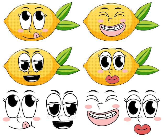 Vecteur gratuit ensemble de dessin animé de style vintage expression faciale avec citron sur whi