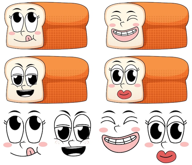 Vecteur gratuit ensemble de dessin animé de style vintage d'expression faciale avec du pain sur whi