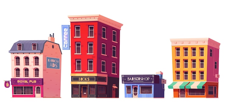 Vecteur gratuit ensemble de dessins animés de bâtiments de la ville isolés sur blanc
