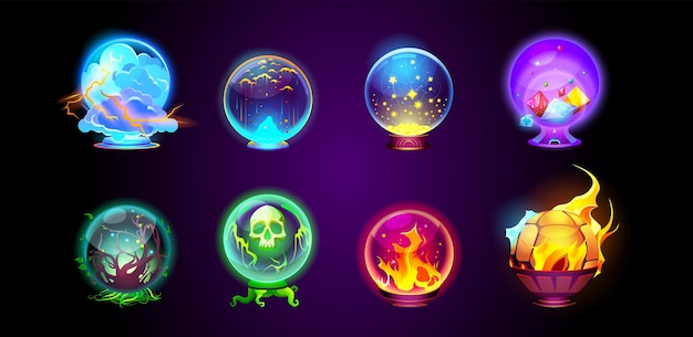 Vecteur gratuit ensemble de dessins animés de boules de cristal magiques révélatrices de fortune