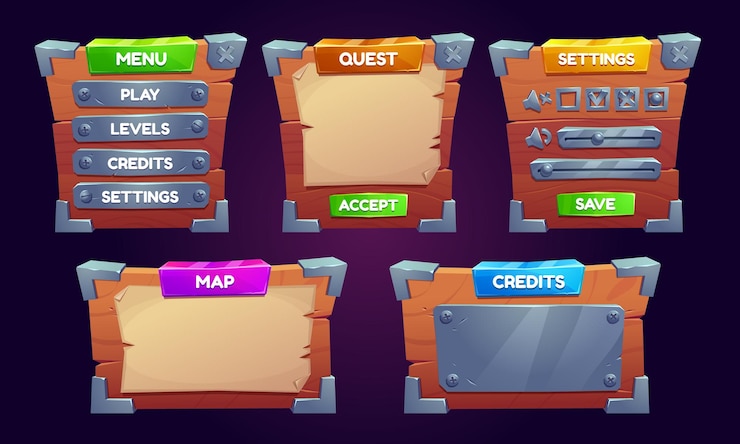Vecteur gratuit ensemble de dessins animés de planches d'interface utilisateur de jeu en bois et papier