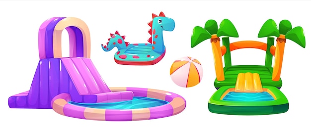 Ensemble De Dessins Animés De Toboggans Gonflables Colorés Isolés Sur Fond Blanc Illustration Vectorielle De Piscine Gonflée Pour Enfants Jouet Dino Trampoline île Avec Palmiers éléments De Conception Du Parc Aquatique