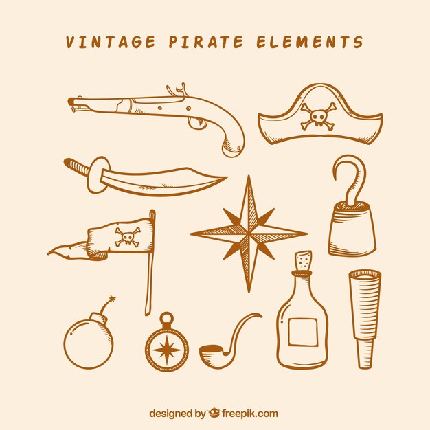 Vecteur gratuit ensemble de dessins d'éléments pirates