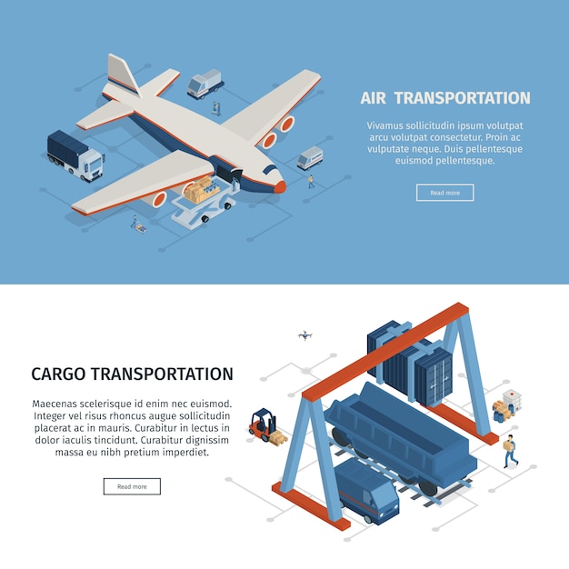 Ensemble De Deux Bannières Logistiques Isométriques Horizontales Avec Cliquable Lire Plus De Boutons Texte Modifiable Et Images Vector Illustration