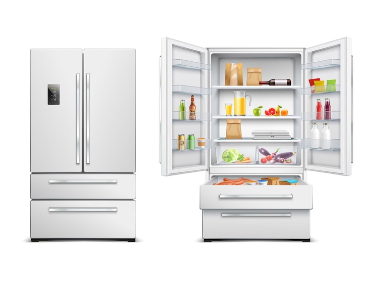 Vecteur gratuit ensemble de deux images réalistes de réfrigérateur réfrigérateur isolé avec deux vues de l'armoire ouverte et fermée