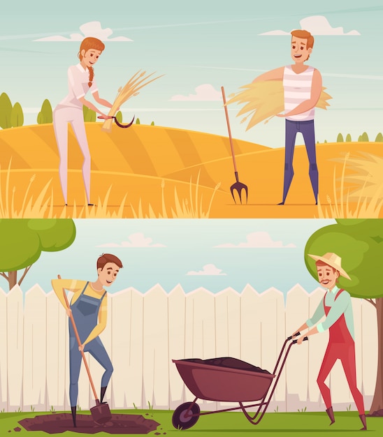 Ensemble De Deux Personnes De Dessin Animé Jardinier Agriculteur