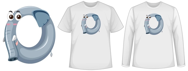 Vecteur gratuit ensemble de deux types de chemise avec éléphant en écran de forme numéro zéro sur des t-shirts