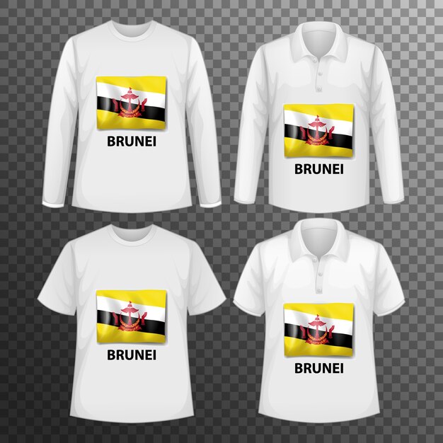 Ensemble de différentes chemises masculines avec écran drapeau Brunei sur chemises isolées