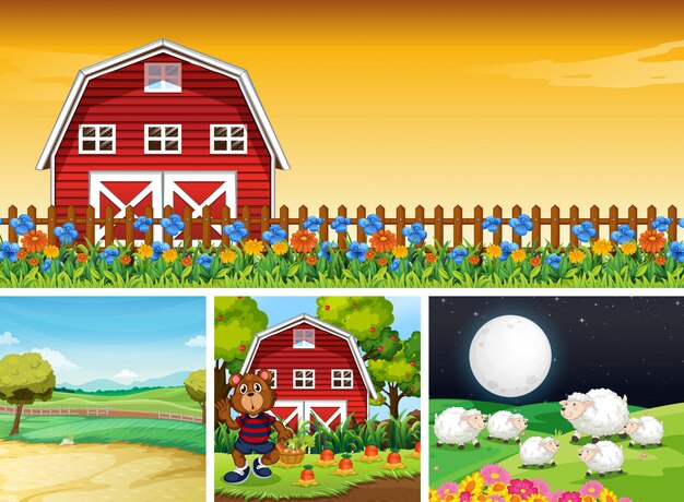 Ensemble De Différentes Scènes De Ferme Avec Un Style De Dessin Animé De Ferme Animale