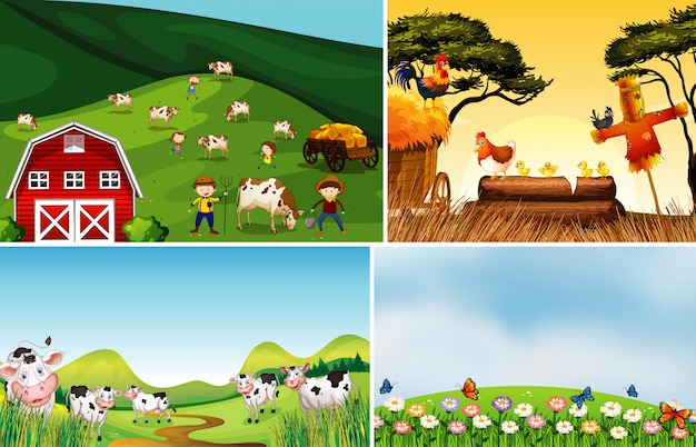 Ensemble de différentes scènes de ferme avec un style de dessin animé de ferme animale