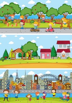 Ensemble de différentes scènes d'horizon avec un personnage de dessin animé pour enfants doodle