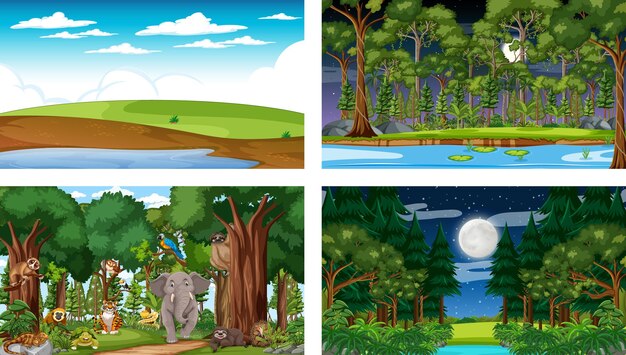 Ensemble de différentes scènes horizontales de forêt avec divers animaux sauvages