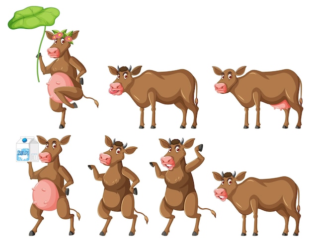 Ensemble De Différentes Vaches Laitières En Style Cartoon