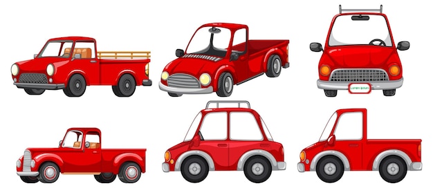 Ensemble de différentes voitures rouges en style cartoon