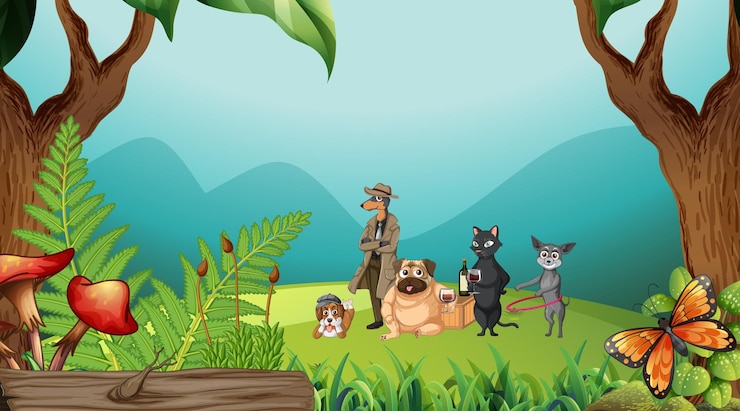 Vecteur gratuit ensemble de différents animaux domestiques en forêt