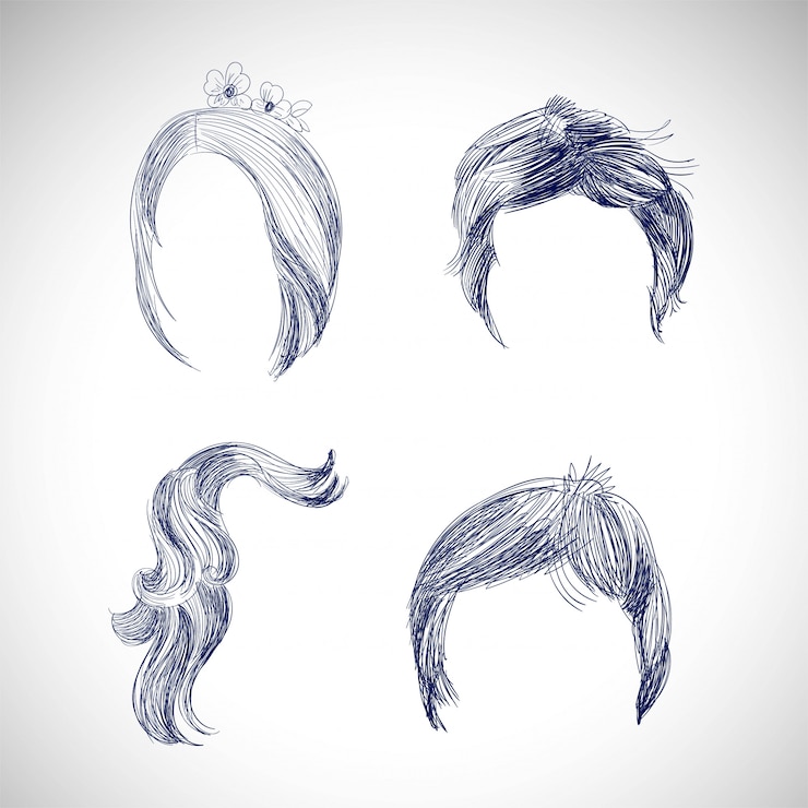 Vecteur gratuit ensemble de différents cheveux et croquis de dessin de coiffure