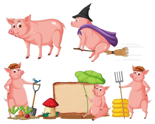 Vecteur gratuit ensemble de différents cochons de ferme en style cartoon