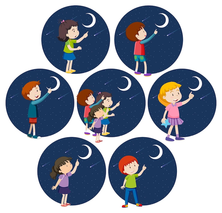 Vecteur gratuit ensemble de différents enfants pointant le doigt vers la lune