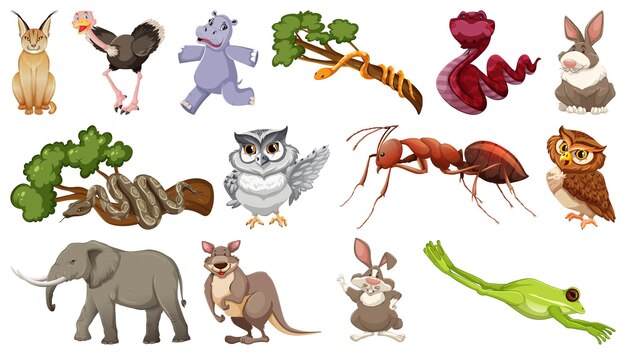 Ensemble de différents personnages de dessins animés d'animaux sauvages