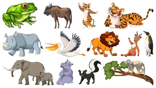 Vecteur gratuit ensemble de différents personnages de dessins animés d'animaux sauvages