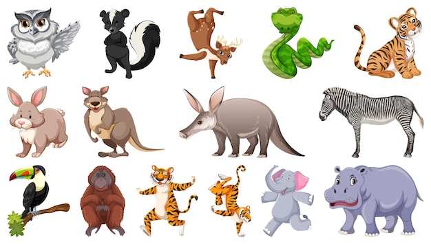 Vecteur gratuit ensemble de différents personnages de dessins animés d'animaux sauvages