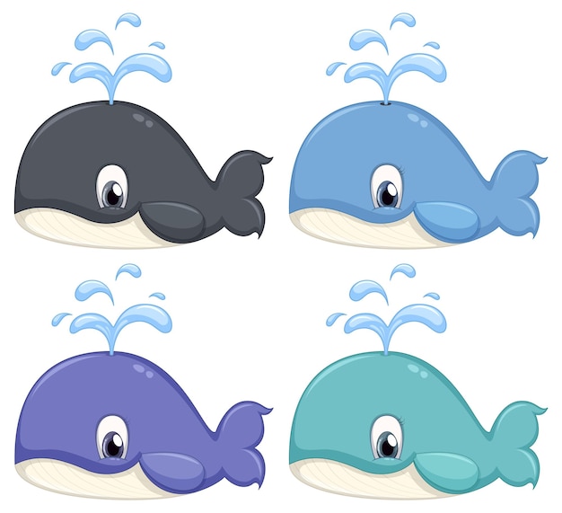 Vecteur gratuit ensemble de différents personnages de dessins animés mignons de baleines