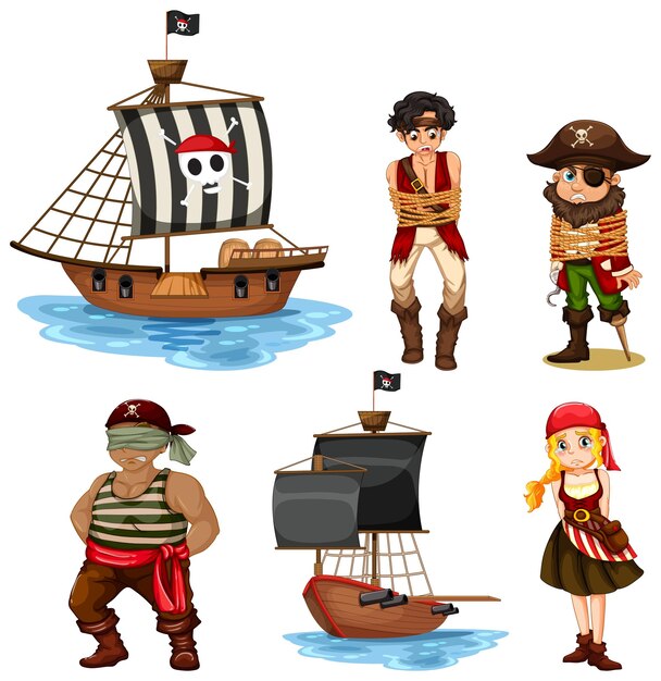 Ensemble de différents personnages de dessins animés de pirates