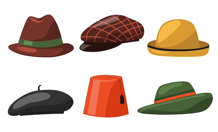 Vecteur gratuit ensemble de différents styles de chapeau masculin de mode en style cartoon