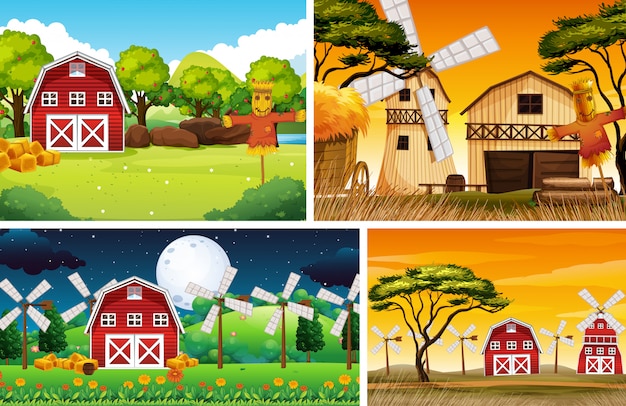 Vecteur gratuit ensemble de différents styles de dessin animé de scènes de ferme