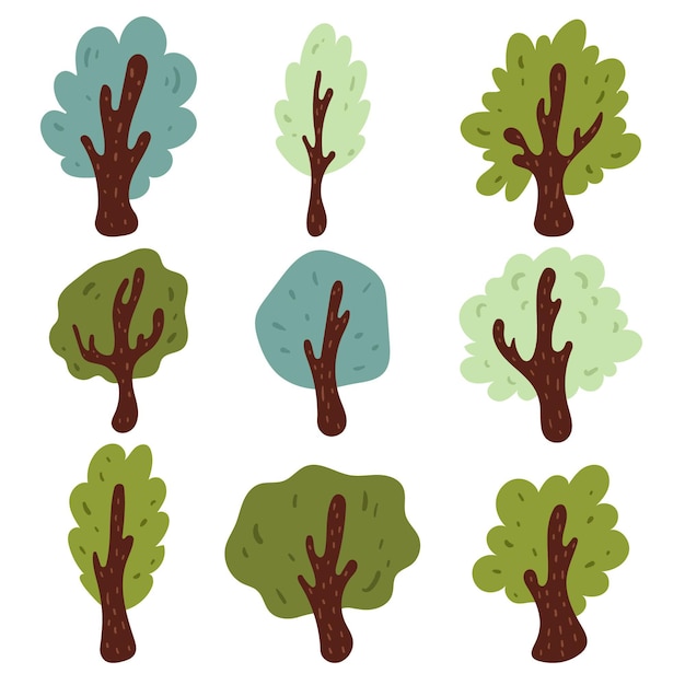 Ensemble De Différents Types D'arbres Dessinés à La Main