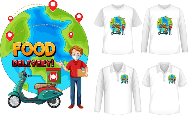 Ensemble de différents types de chemises avec écran de logo de livraison de nourriture sur des chemises