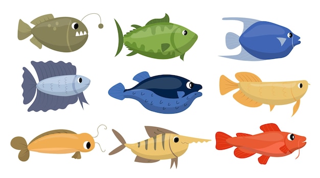 Vecteur gratuit ensemble de différents types de poissons sous-marins et dessin en couleur en personnage de dessin animé isolé sur fond illustration vectorielle