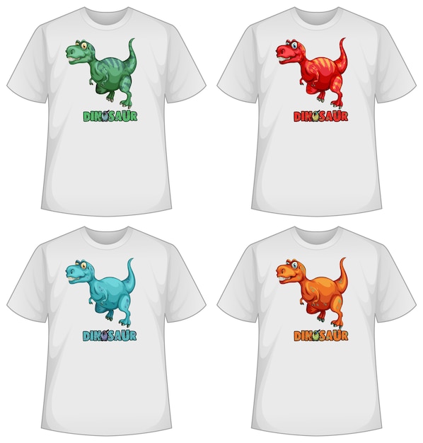 Vecteur gratuit ensemble de dinosaure de couleur différente sur des t-shirts